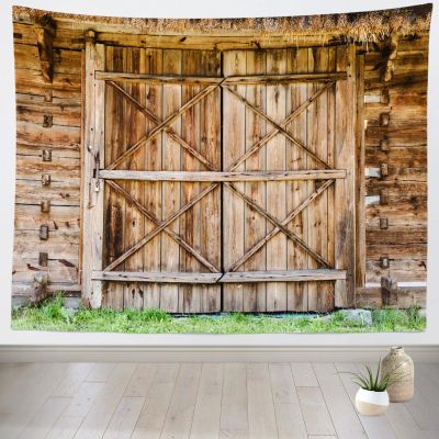 CORFOTO Old Wooden Barn Door Tapestry Wall Hanging Fabric 70x47 Inch Rustic West Wooden House Barn Vintage Farmhouse Wall Tapestry Countryside Western Country Tapestries for Home Wall Decor