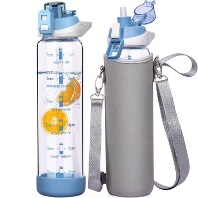 Seekua 32 oz Sports Glass Water Bottle with Straw and Time Marker, Large Resuable Motivational Glass Drinking Bottle for Infused Water, Fruit, Smoothie, Coffee
