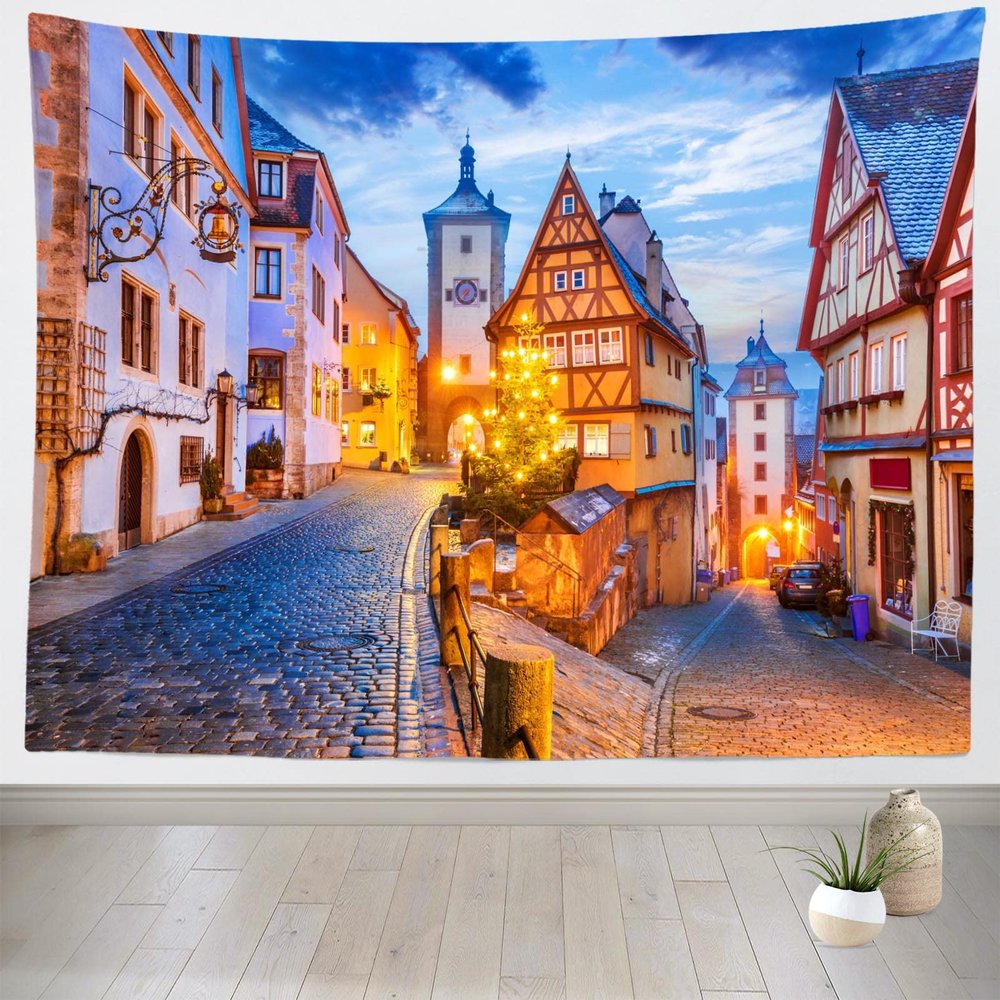 CORFOTO European Buildings Night Oktoberfest Tapestry Wall Hanging Fabric 60x50 Inch German Bavaria Town Street Tapestry Bavarian Party Decorations Bedroom Aesthetic Living Room Dorm Decor