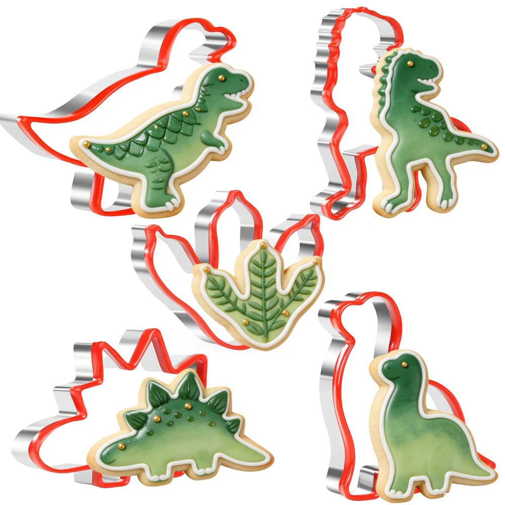 Dinosaur Cookie Cutters, 5-Piece Stainless Steel PVC Edge Set