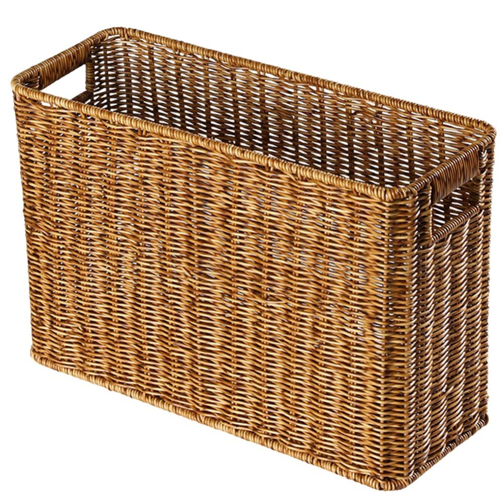 Happyyami Hand-Woven Magazine Basket Magazine Wicker Basket Rattan Magazine Holder Desk Storage Baskets with Handle for Bathroom Office