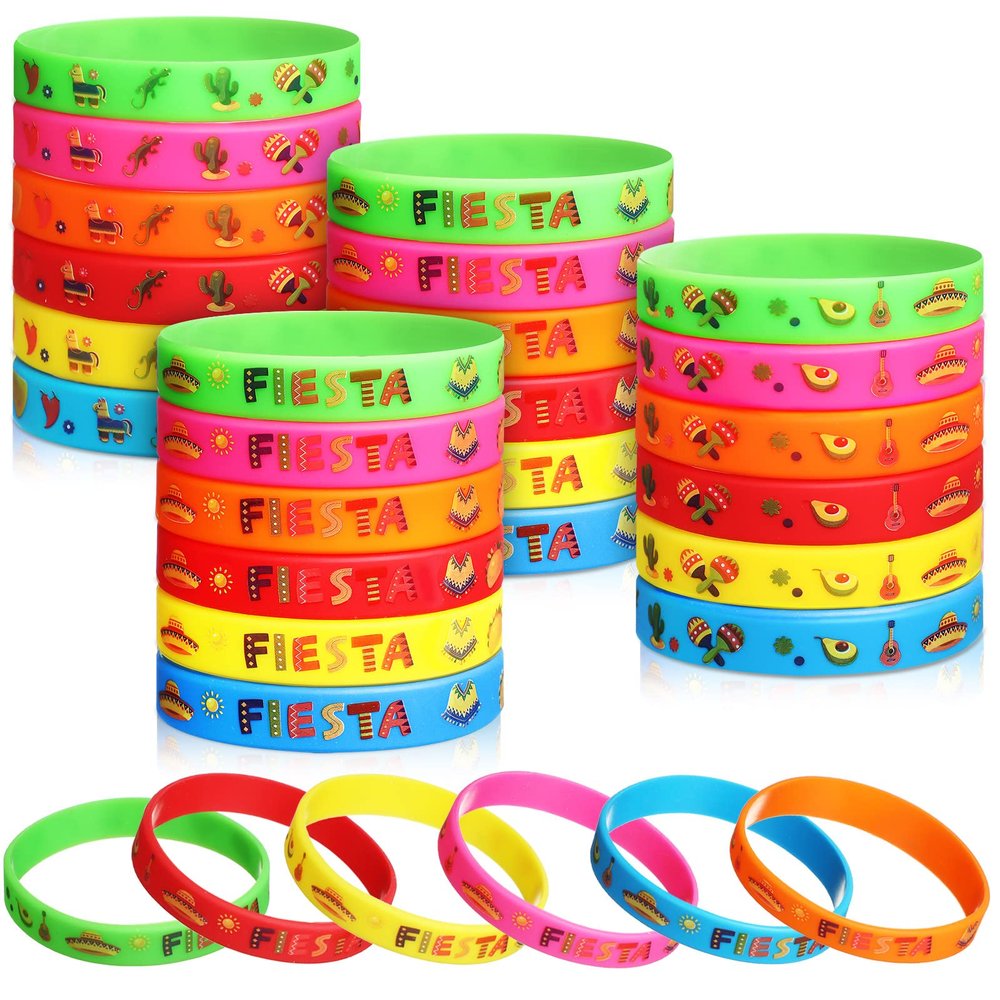 Xinnun 24 Pcs Cinco De Mayo Bracelets Wristband, Mexican Fiesta Gifts, Mexican Bracelets with Taco Cactus Piata Pattern for Taco Favors(Fiesta)