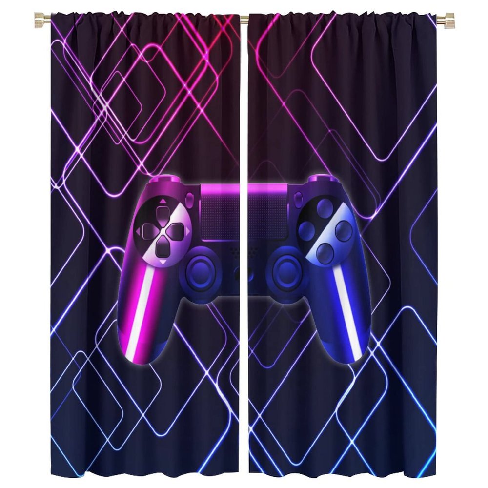 Abstract Modern Gamer Games Rod Pocket Blackout Curtains - Gamepad Gaming Boys Gamer Room Decor Window Drapes Set Energy Saving Thermal Insulated Drapes for Living Room 2 Panels 54L x 21W