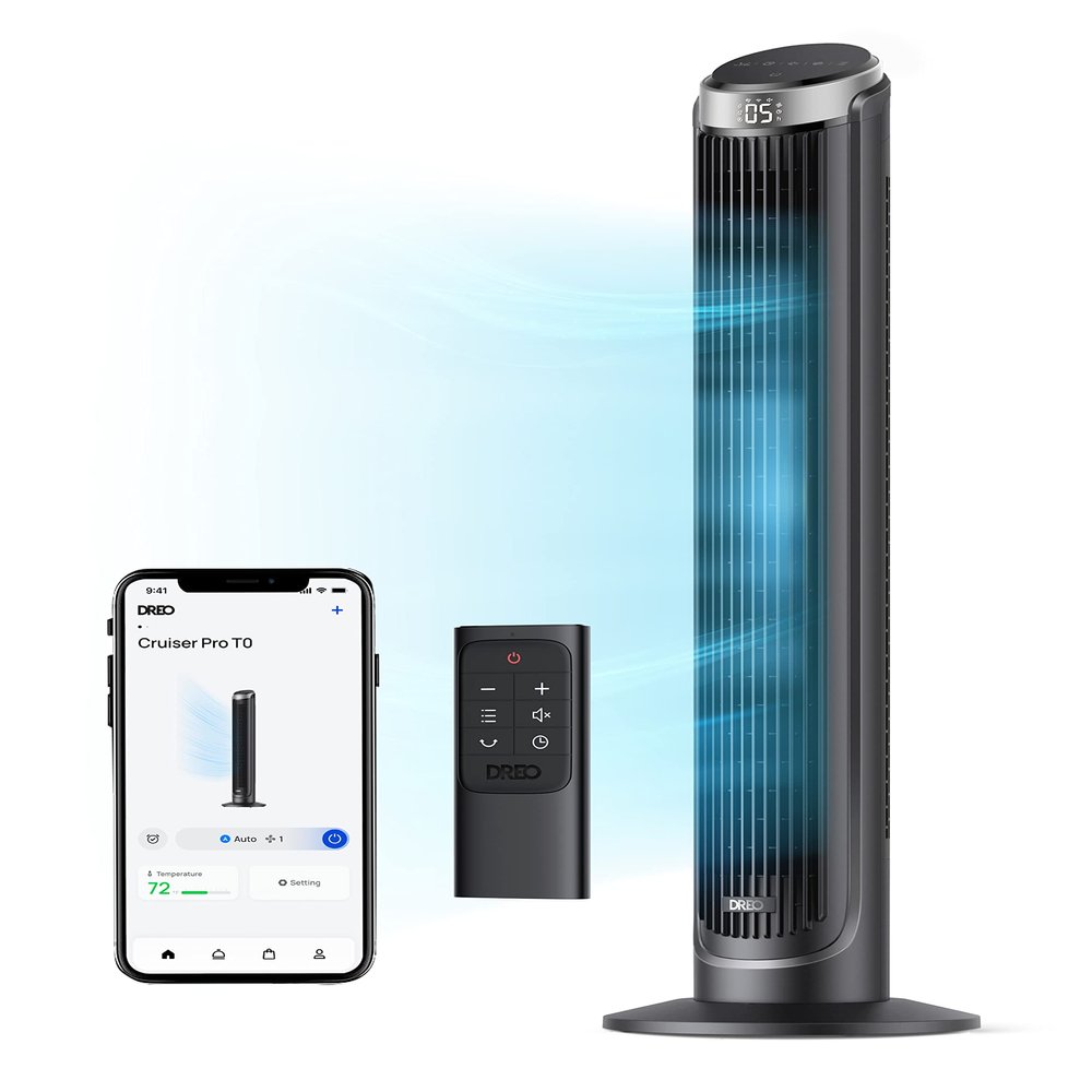 Dreo Smart Tower Fan for Bedroom, 90 Oscillating 40" Standing Fan, 26ft/s High-Speed 5 Speeds 4 Modes, Quiet Room Floor Fans, Touch/Remote/APP & Voice Control, Work with Alexa, 12H Timer, Silver
