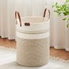 VIPOSCO Tall Laundry Basket, Large Dirty Clothes Hamper with Leather Handle, Woven Rope Storage Basket for Blanket, Toy In Living Room, Bathroom, Bedroom - 58L Brown & White view 1
