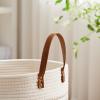 VIPOSCO Tall Laundry Basket, Large Dirty Clothes Hamper with Leather Handle, Woven Rope Storage Basket for Blanket, Toy In Living Room, Bathroom, Bedroom - 58L Brown & White view 3