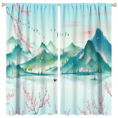 Peach Blossom Cherry Blossom Blackout Window CurtainPeach Blossoming Mountains and Forests Landscap Thermal Insulated Curtains for Living Room Bedroom Or Office Curtains Window Drapes 2 Panels 63x63