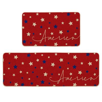 Artoid Mode Red Stars 4th of July Kitchen Mats Set of 2, Home Decor Patriotic Liberty Low-Profile Kitchen Rugs for Floor - 17x29 and 17x47 Inch