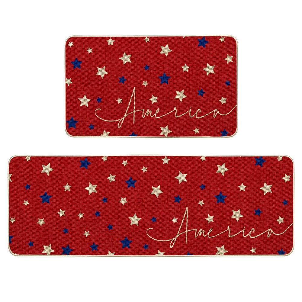 Artoid Mode Red Stars 4th of July Kitchen Mats Set of 2, Home Decor Patriotic Liberty Low-Profile Kitchen Rugs for Floor - 17x29 and 17x47 Inch