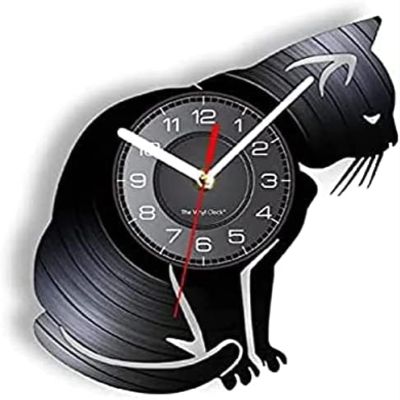 12 Inch Round Wall Clock Cat Pet Silhouette Vinyl Album Re-Purposed Record Clock Artwork Vinyl Disk Crafts Owners Home Decor Wall Watch Gift