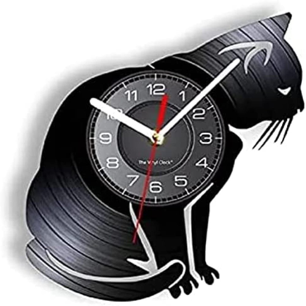 12 Inch Round Wall Clock Cat Pet Silhouette Vinyl Album Re-Purposed Record Clock Artwork Vinyl Disk Crafts Owners Home Decor Wall Watch Gift