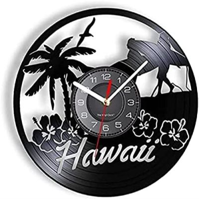 12 Inch Round Wall Clock Hawaii Holiday Beach Vinyl Record Wall Clock Tropical Palm Tree Surfers Home Decor Travel Craft The American States Artwork Gift