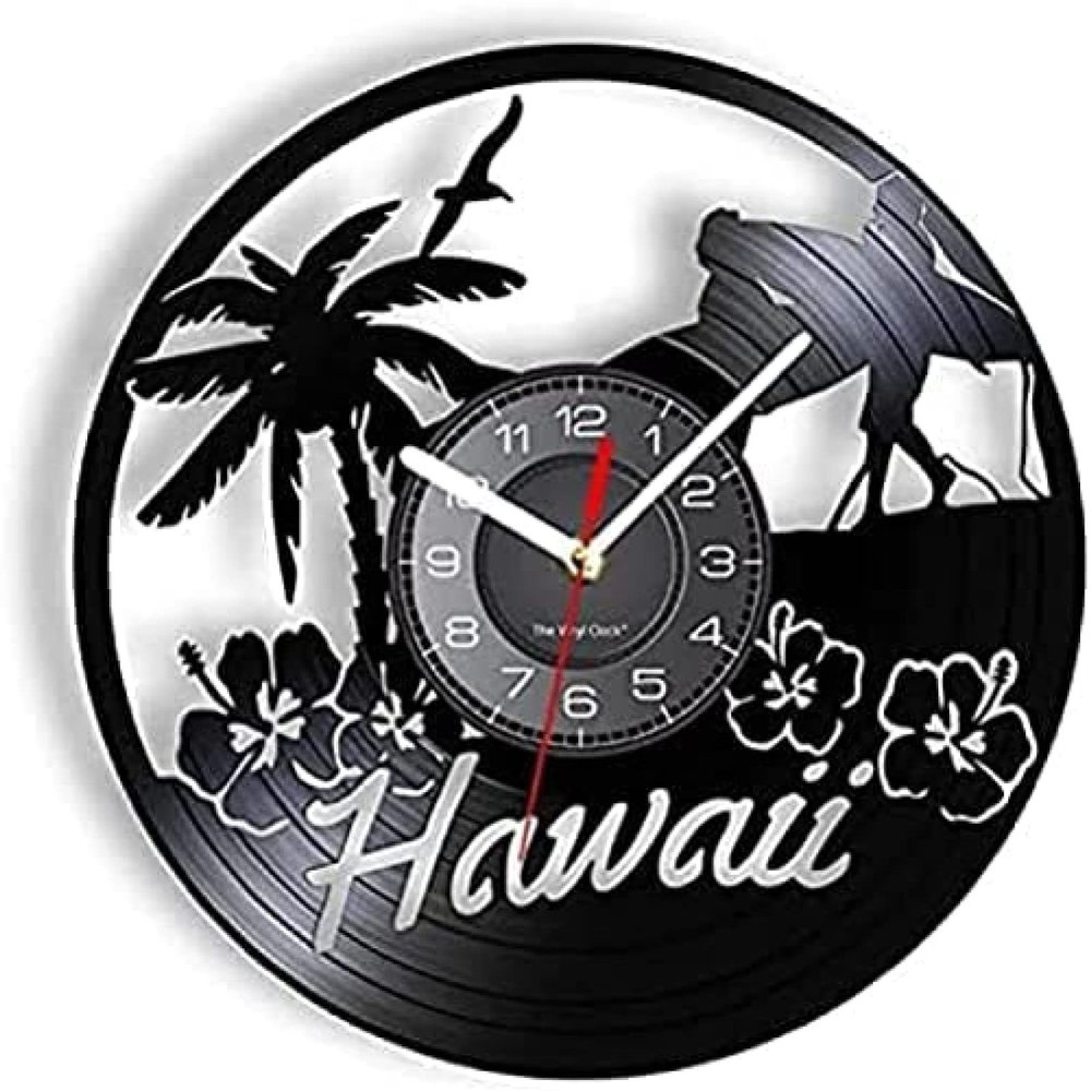 12 Inch Round Wall Clock Hawaii Holiday Beach Vinyl Record Wall Clock Tropical Palm Tree Surfers Home Decor Travel Craft The American States Artwork Gift
