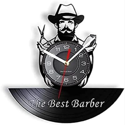 12 Inch Round Wall Clock Barber Vinyl Wall Clock Home Decor Barber Shop Tools Carved Album Music Scissor and Shaver Record Hairdresser Clock Gift