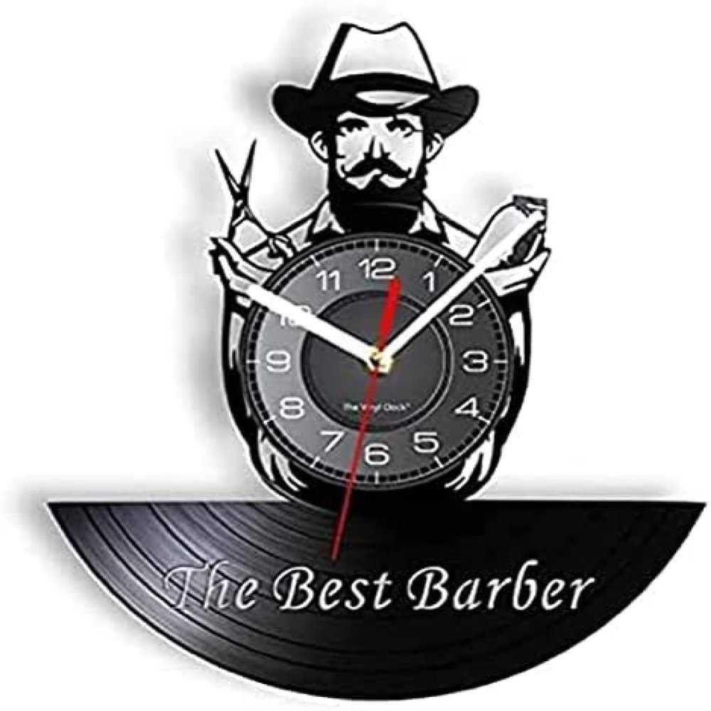 12 Inch Round Wall Clock Barber Vinyl Wall Clock Home Decor Barber Shop Tools Carved Album Music Scissor and Shaver Record Hairdresser Clock Gift