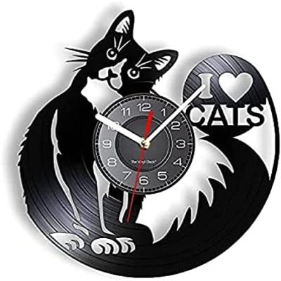 I Love Cat Wall Clock is Made of Real Vinyl Records. Cute and Gentle Kittens. Wall Hanging Watches. Bedroom Decoration. Cat Lovers 12 Inches (30cm)