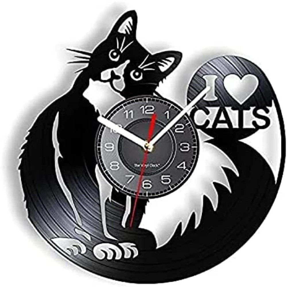 I Love Cat Wall Clock is Made of Real Vinyl Records. Cute and Gentle Kittens. Wall Hanging Watches. Bedroom Decoration. Cat Lovers 12 Inches (30cm)
