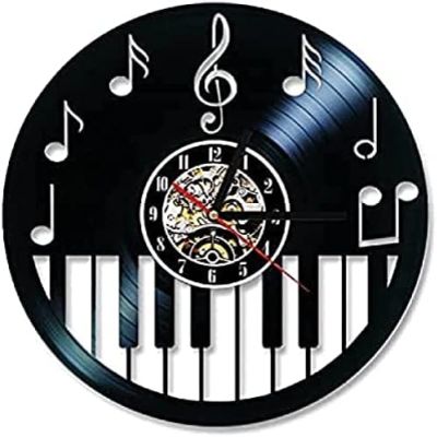 Piano Keyboard Vinyl Record Wall Clock Sheet Music Piano Treble Clef Notes Wall Clock Music Room Decor Wall 12 Inches (30 Cm)