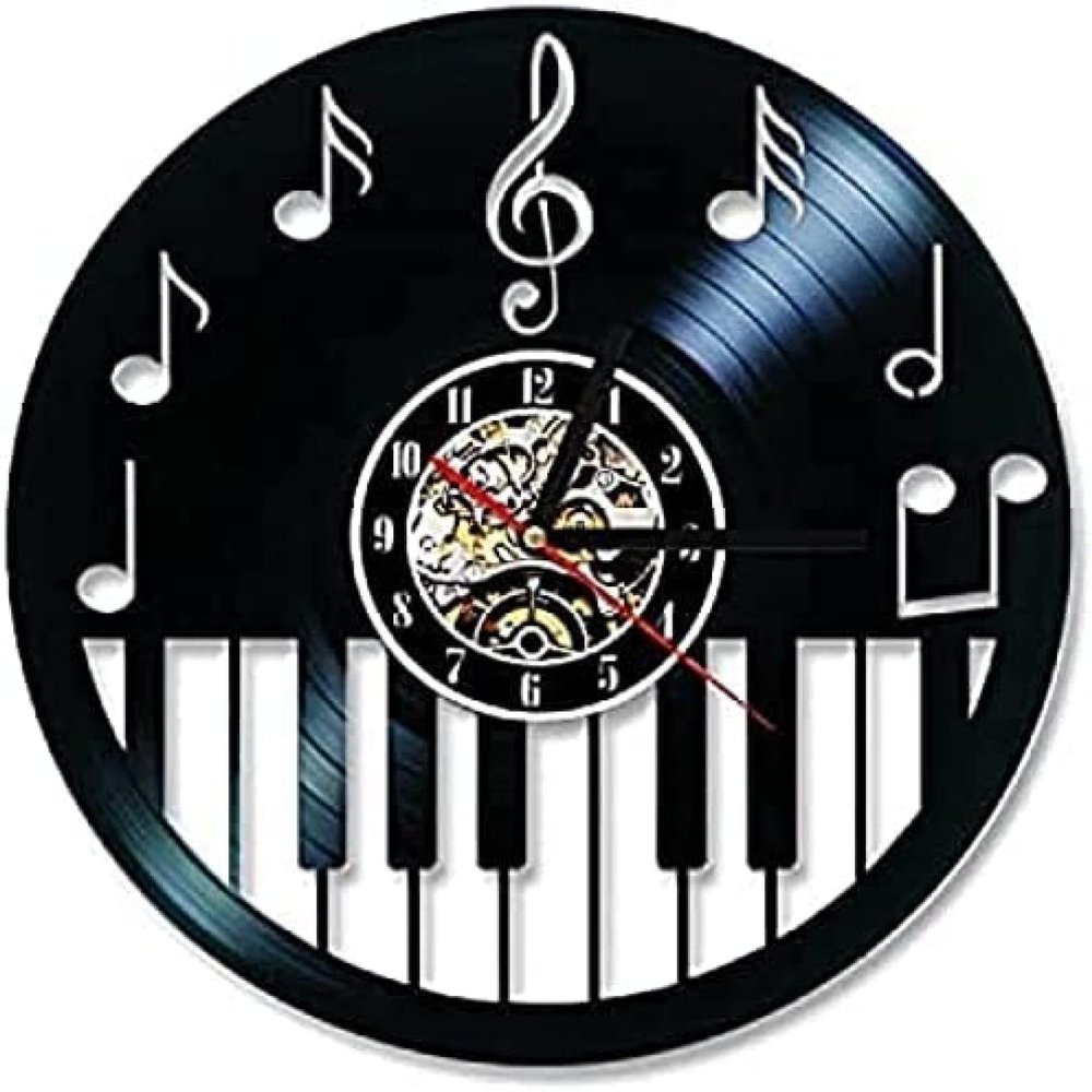 Piano Keyboard Vinyl Record Wall Clock Sheet Music Piano Treble Clef Notes Wall Clock Music Room Decor Wall 12 Inches (30 Cm)
