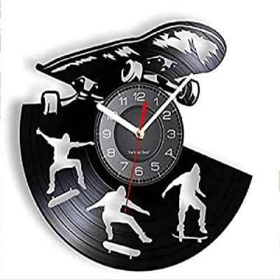 12 Inch Wall Clock Silent Non-Ticking Skating Skateboarder Vinyl Album Record Clock for Boy Room Home Decor Timepieces Skateboard Street Sport Art Silent Quartz Clock Gift