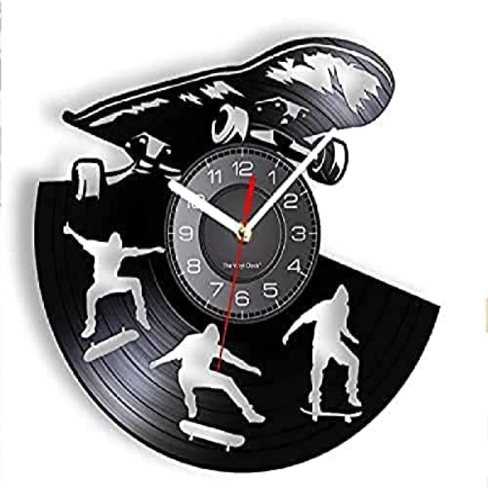 12 Inch Wall Clock Silent Non-Ticking Skating Skateboarder Vinyl Album Record Clock for Boy Room Home Decor Timepieces Skateboard Street Sport Art Silent Quartz Clock Gift