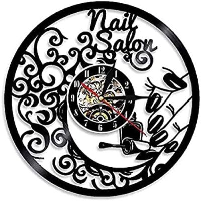 Nail Shop LED Night Light Beauty Salon Nail Shop Nail Tools Vinyl Record Wall Clock Manicurist Wall Lamp Wall Watch 12 Inches (30cm)