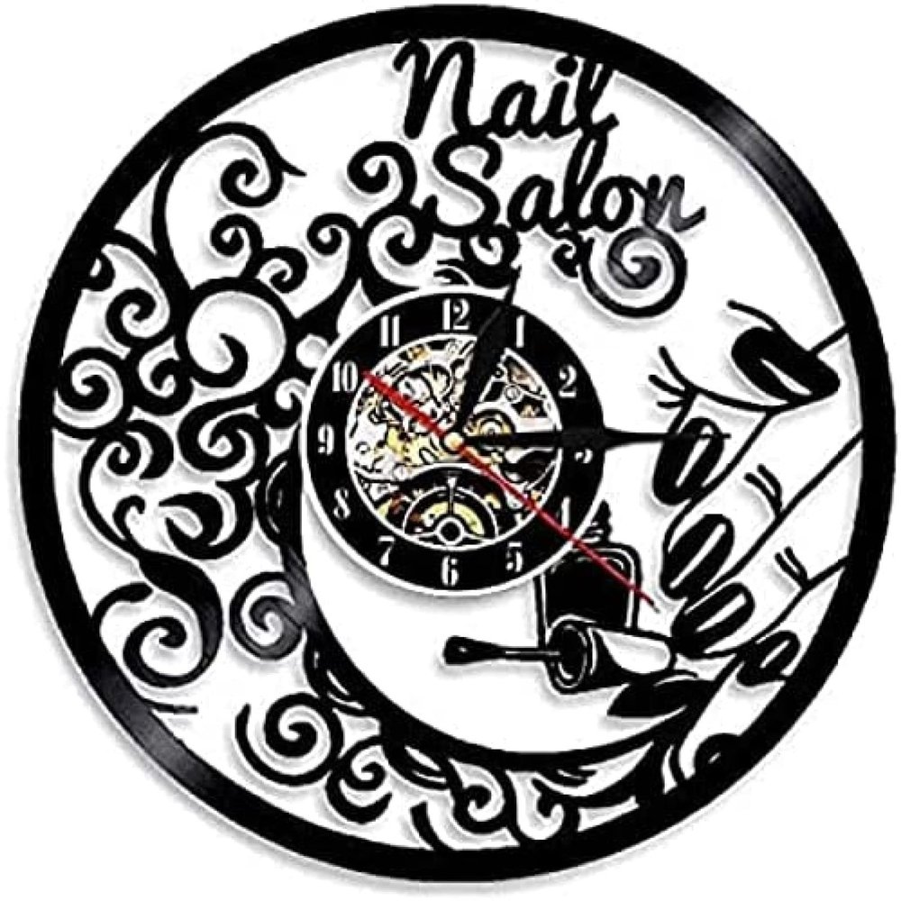 Nail Shop LED Night Light Beauty Salon Nail Shop Nail Tools Vinyl Record Wall Clock Manicurist Wall Lamp Wall Watch 12 Inches (30cm)