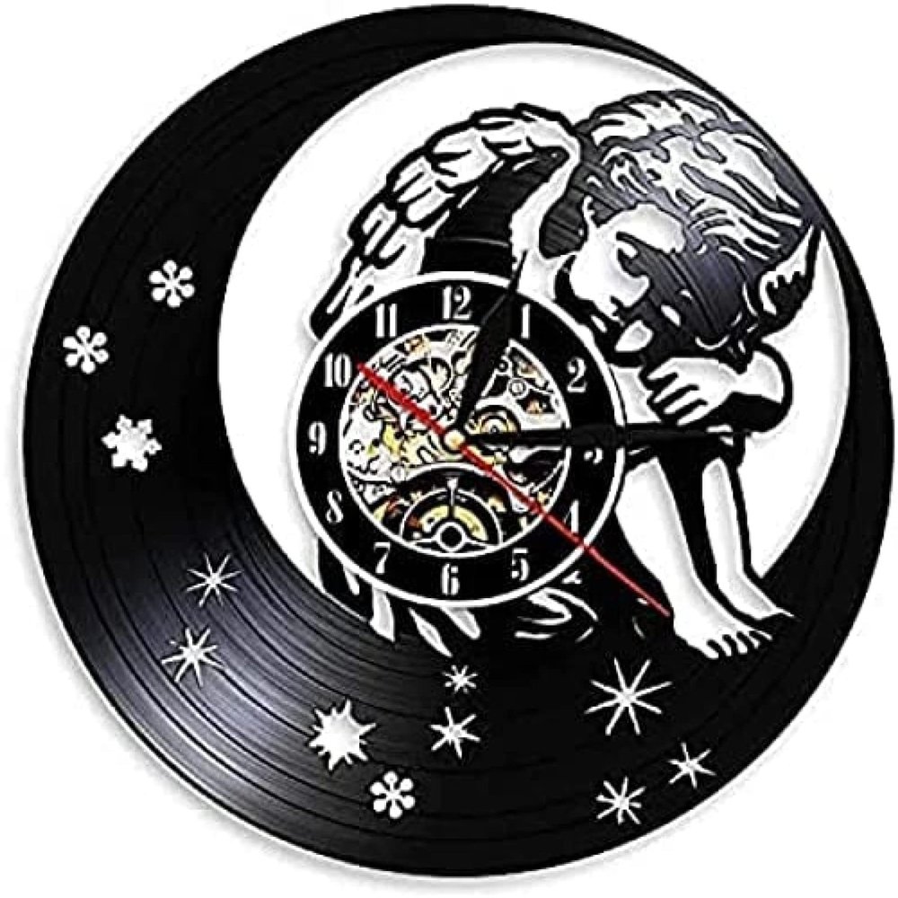 Angel Sleeping On The Moon Wall Art Watch Children Room Decoration Baby Crescent Home Decoration Retro Vinyl Record Wall Clock 12 Inches (30cm)