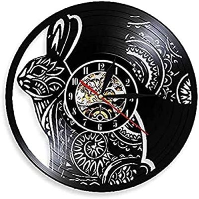 Wall Clock White Rabbit Wall Clock Vinyl Record Timepiece Animals Led Light Zoo Decor Wall Watch Vintage Timepiece for Children Gift Diameter 30cm Record Wall Clocks