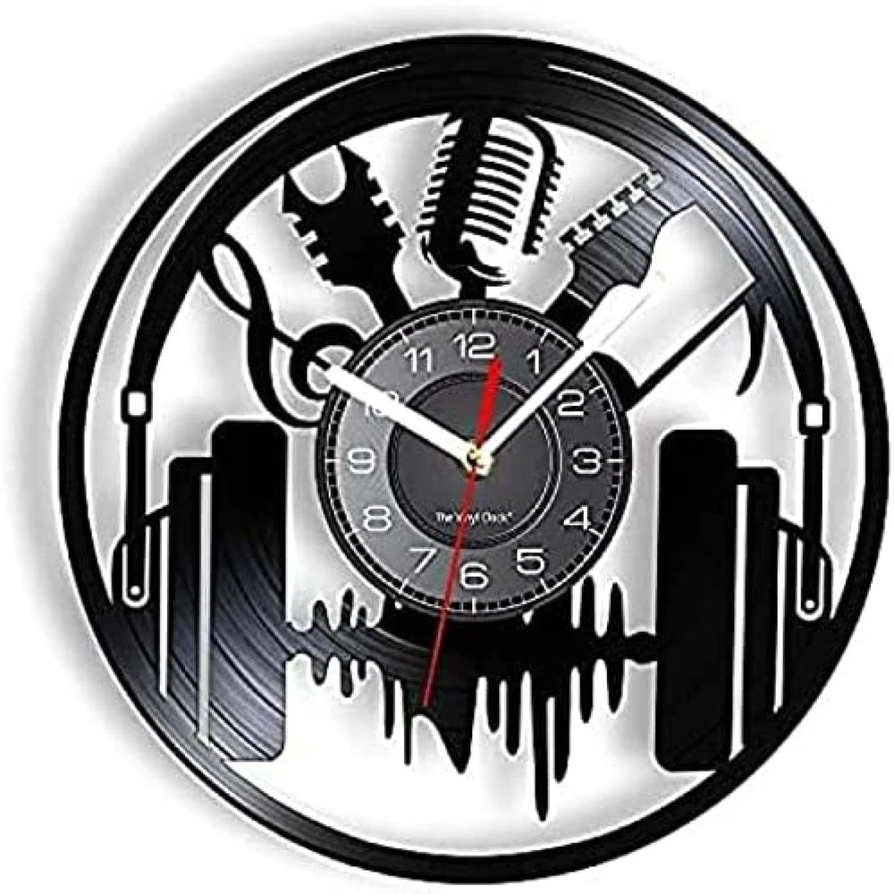 Headphone Wall Clock Made of Real Vinyl Record, Acoustic Guitar, Microphone Icon, LED Backlight, Modern Clock for Music Lovers 12 Inches (30cm)