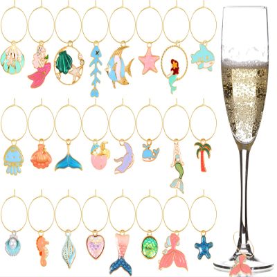Junkin 24 Pcs Wine Glass Charms Markers Tags for Stem Glasses Drink Markers Wine Charm Ring Identifier for Summer Wedding Bachelorette Tasting Holiday Party Favor Decoration(Beach Style)