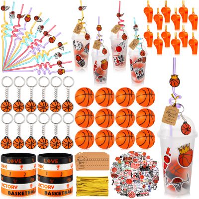 Weysat 184 Pcs Basketball Party Favors Party Supplies with Cup Straw Stress Ball Keychain Sticker Bracelet Whistle Thank You Tags for Birthday Decorations(Basketball)