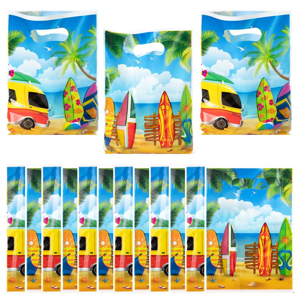 AwserTantue Surfing Hawaii Party Favor Bag - 50Pcs Summer Beach Themed Plastic Goody Candy Treat Gift Bag with Handle Gift Wrap Decor for Kid Birthday Baby Shower Summer Hawaii Party Decoration Supply