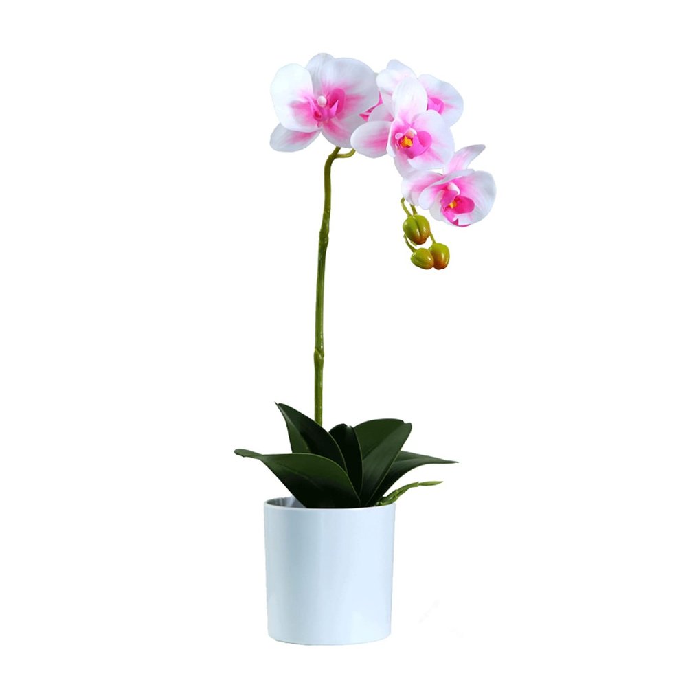 KIZQYN Artificial Flowers Silk Phalaenopsis Flower Arrangement Artificial Orchid Flowers with White Vase, Wedding Party Dining Table Centerpiece Decor,Pink Flower Decoration (Size : M)