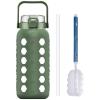 MUKOKO Half Gallon/64 oz Glass Water Bottles with Straw and Lid,Motivational Water Jug with Time Marker Reminder and Silicone Sleeve,100% Leakproof BPA Free Fitness Sports Large Bottle-Olive view 1