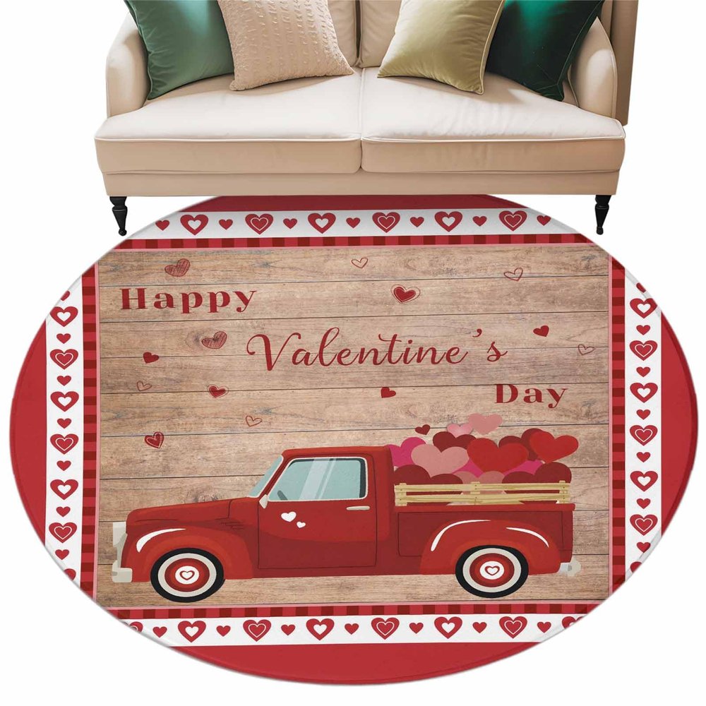 Valentine's Day Round Area Rug 6 Feet Happy Truck with Love on Rustic Wooden Grain Non Slip and Washable Cute Circle Carpets Nursery Rug for Indoor Kids Baby Bedroom Living Room Entryway Home Decor