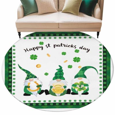 St. Patrick's Day Round Area Rug 6 Feet St. Patrick Shamrock Dwarfs Gold Lock Gold Gnome Non Slip Washable Cute Circle Carpets Nursery Rug for Indoor Kids Baby Bedroom Living Room Entryway Home Decor