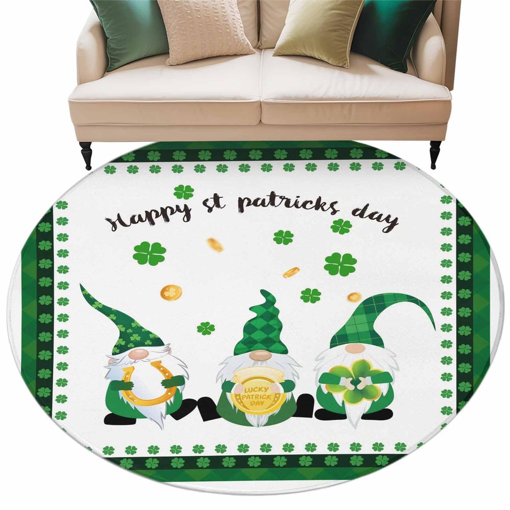 St. Patrick's Day Round Area Rug 6 Feet St. Patrick Shamrock Dwarfs Gold Lock Gold Gnome Non Slip Washable Cute Circle Carpets Nursery Rug for Indoor Kids Baby Bedroom Living Room Entryway Home Decor