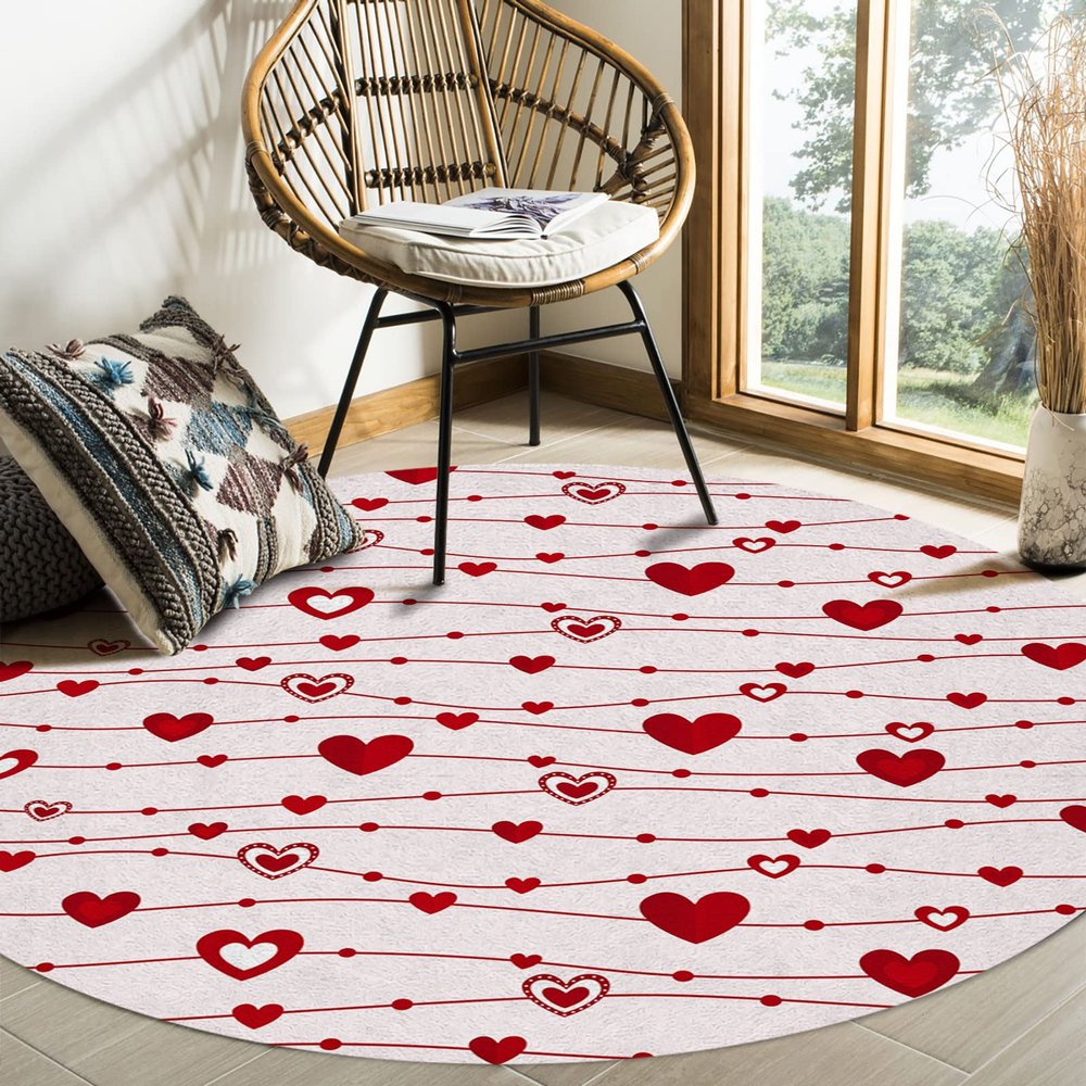 Valentine's Day Round Area Rug 6 Feet Red Love Heart Romantic Pink Non Slip and Washable Cute Circle Carpets Nursery Rug for Indoor Kids Baby Bedroom Living Room Entryway Home Decor