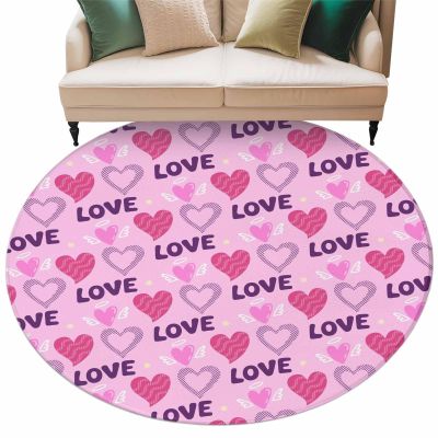 Valentine's Day Round Area Rug 6 Feet Valentines Day Love Heart Pink Purple Non Slip and Washable Cute Circle Carpets Nursery Rug for Indoor Kids Baby Bedroom Living Room Entryway Home Decor