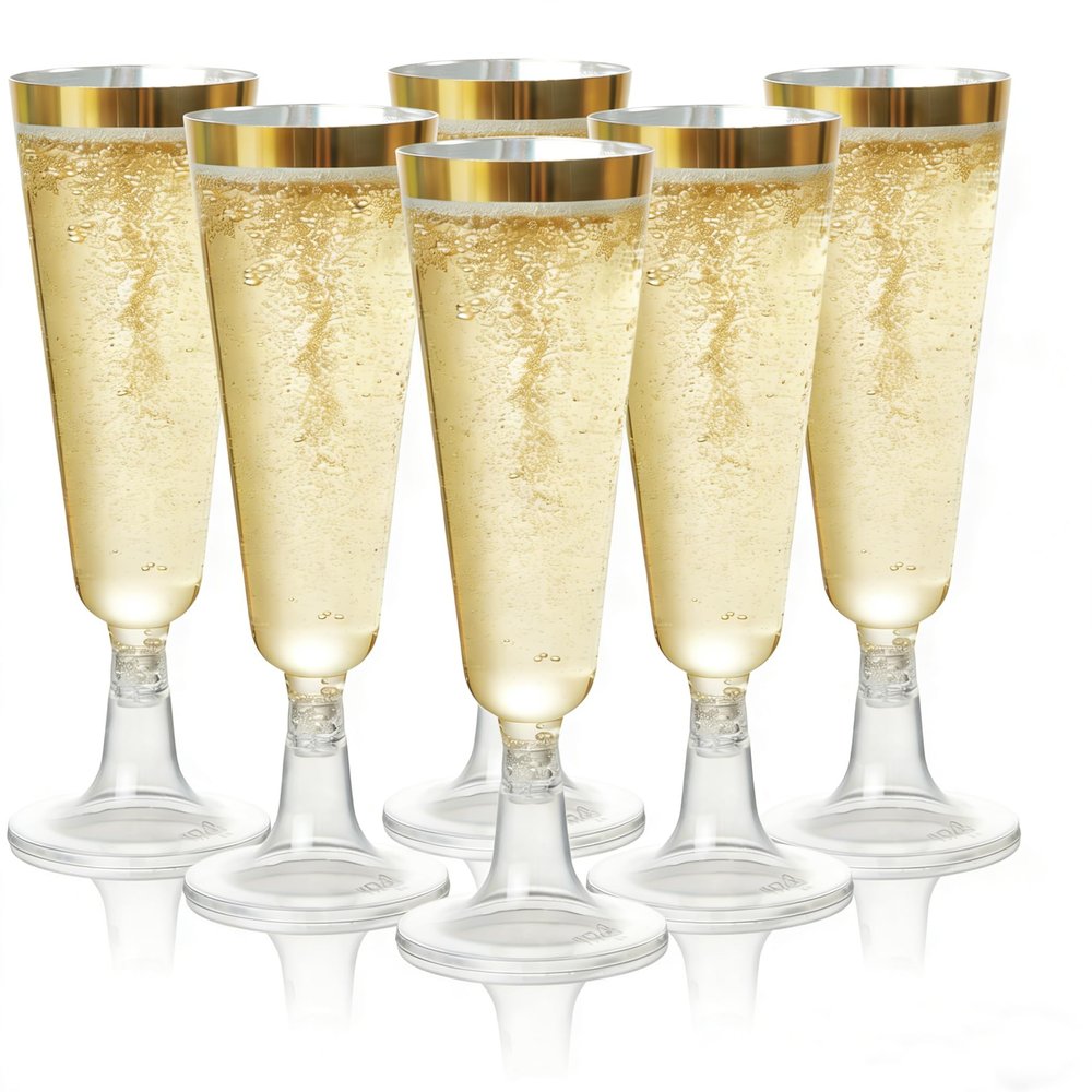 Oungy 100 PCS Plastic Champagne Flutes with Gold Rim 5.5OZ Clear Plastic Champagne Glasses Mimosa Glasses Cocktail Cups for Party Wedding Celebration Supplies