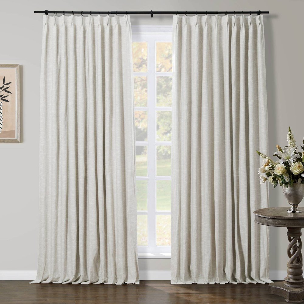 TWOPAGES Pinch Pleat Drape Premium Linen Cotton Curtain Window Treatment for Living Room Dining Room, Light Filtering Drape Airy Curtain (Ivory Beige, 100W x 96L Inches, 1 Panel)