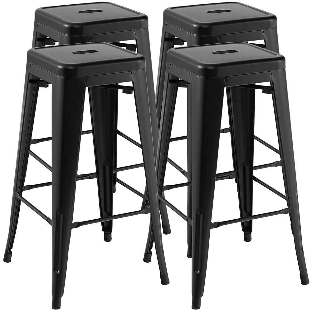 COSTWAY Bar Stools Set of 4, 30 Bar Height Metal Stools with Rubber Footpads & Handling Hole, X-Shaped Reinforced Design, Stackable Stools, for Kitchen, Dining Room, Pub (Black, 30)