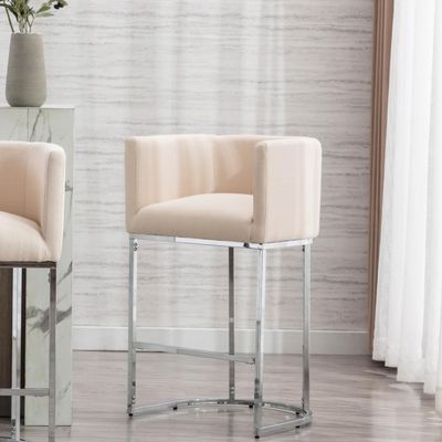 RIVOVA Contemporary Cream Linen Bar Stool, 29" Upholstered Fabric Counter Height Barstool Kitchen Counter Island Stool with Screwed Together Chrome Finish Base