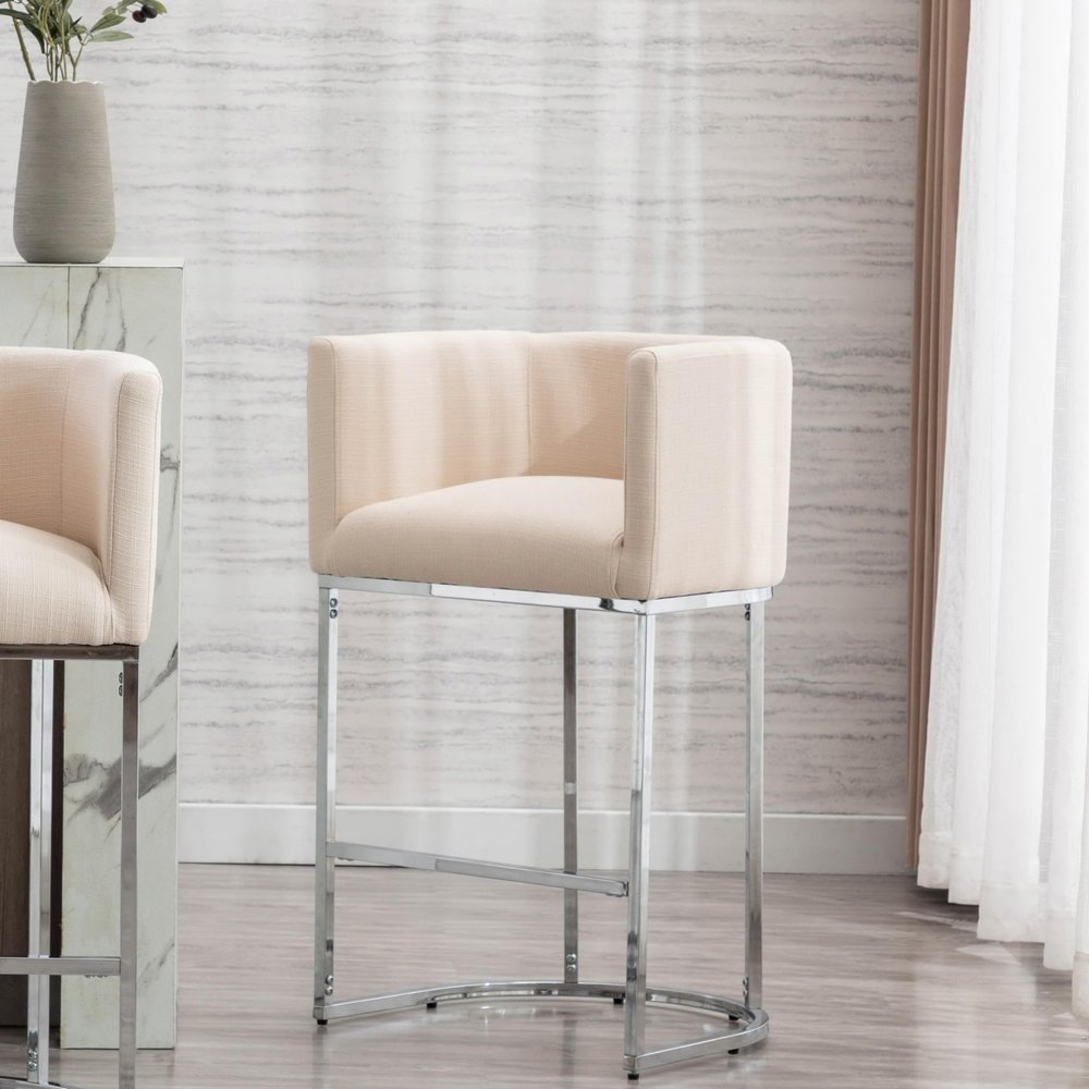 RIVOVA Contemporary Cream Linen Bar Stool, 29" Upholstered Fabric Counter Height Barstool Kitchen Counter Island Stool with Screwed Together Chrome Finish Base