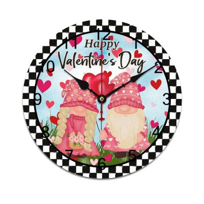 LetusZhogo Valentines Wall Clock Heart Design Pattern Wood Clock Silent Non Ticking Gnome Polka Dot Round Clock Battery Operated Decorative Valentines Wall Clock 10 Inch