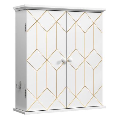 AZODY Bathroom Cabinet with Gold Trim, Wall-Mounted Bathroom Storage Cabinet with Adjustable Shelves and Side Hooks, Space Saver Medicine Cabinet for Livingroom, Laundry, Classical White