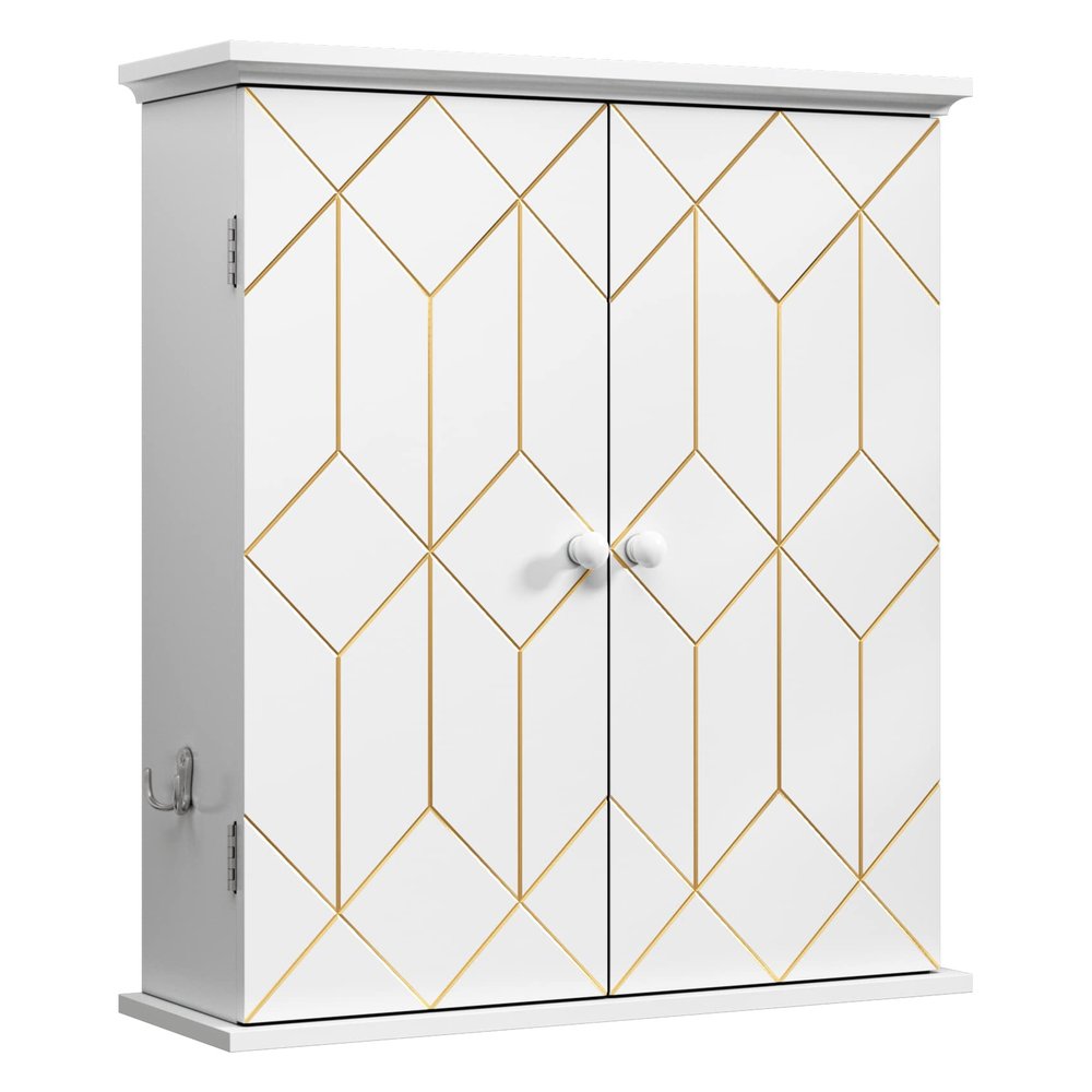 AZODY Bathroom Cabinet with Gold Trim, Wall-Mounted Bathroom Storage Cabinet with Adjustable Shelves and Side Hooks, Space Saver Medicine Cabinet for Livingroom, Laundry, Classical White