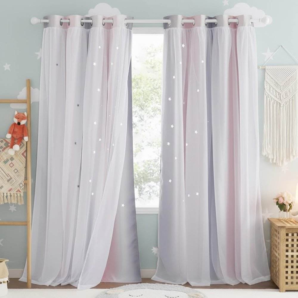 NICETOWN Curtains for Girls Bedroom Kids Curtain Hollow-Out Star Window Drapes Curtain 63 inches Length Room Darkening Grommet 2 Layers, 2 Panels, Pink & Grey, W52 x L63 inches
