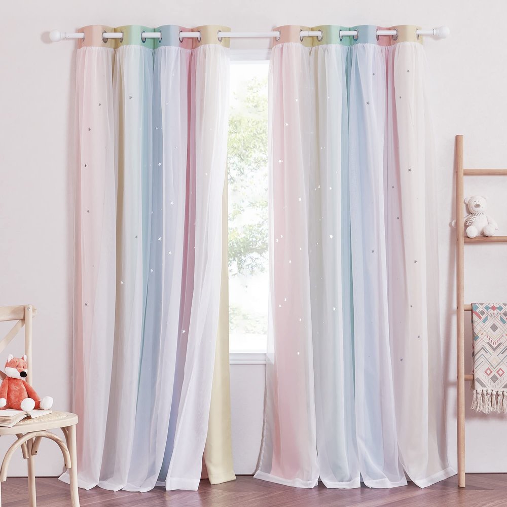 NICETOWN Star Blackout Curtains for Kids Rooms Girl Princess Double Layer Curtains for Daughter Bedroom Window/Thanksgiving (W52 x L84 inches, Pink Yellow Green Blue, 1 Pair)